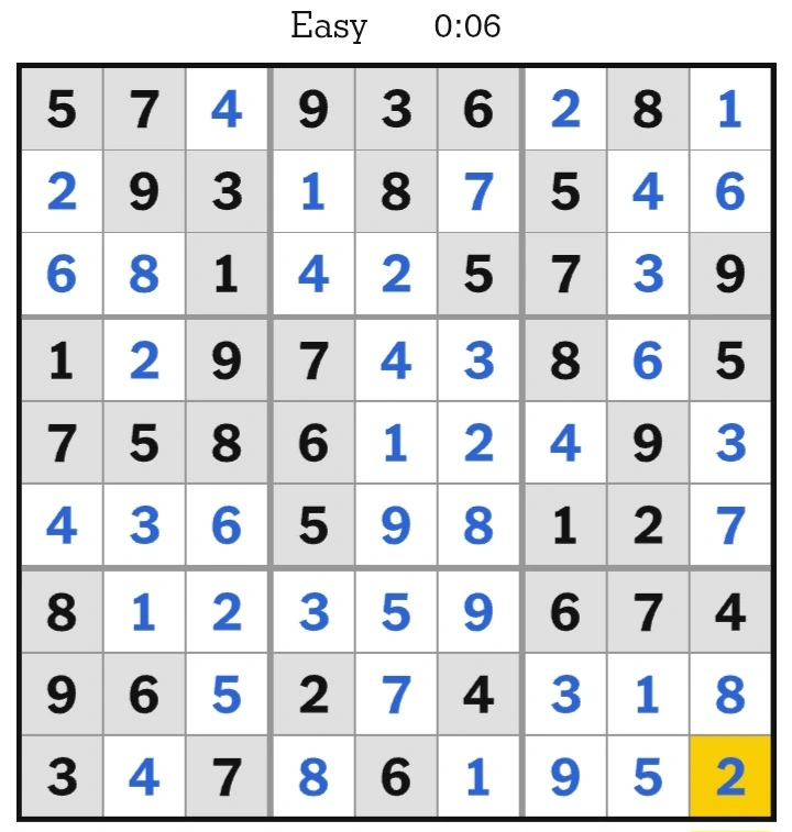 NYT Sudoku Easy Answers January 9, 2025