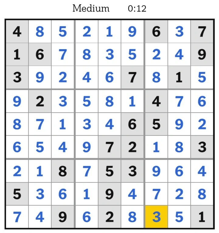 NYT Sudoku Medium Answers February 15, 2025