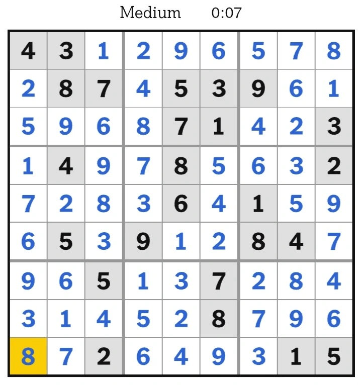 NYT Sudoku Medium Answers February 18, 2025