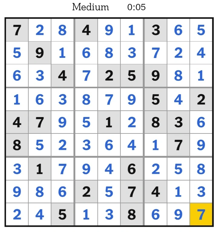 NYT Sudoku Medium Answers February 19, 2025