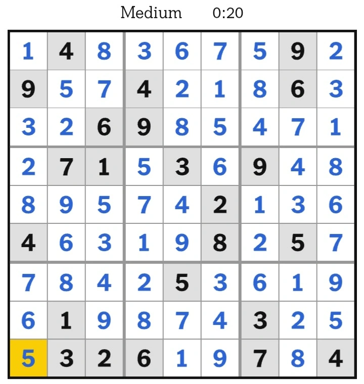 NYT Sudoku Medium Answers February 22, 2025