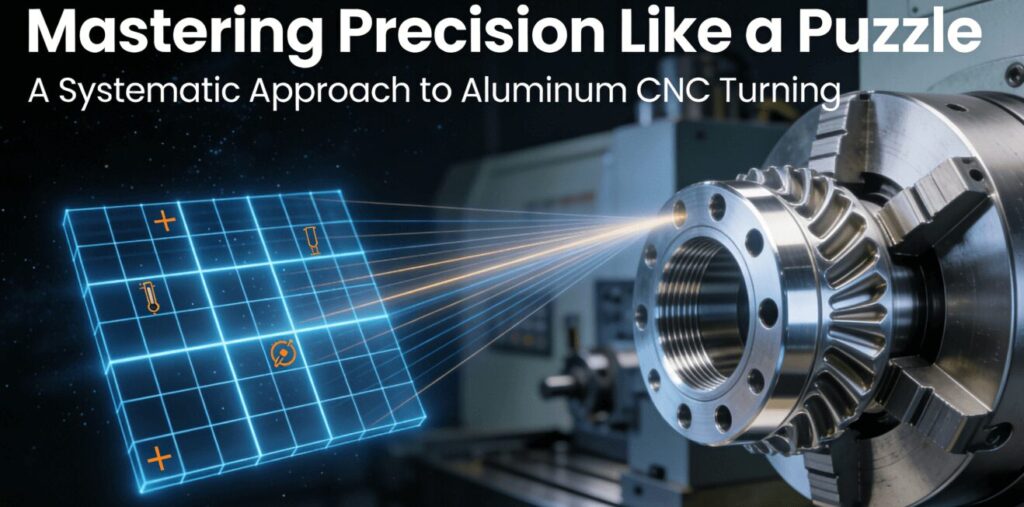 Conceptual image blending a glowing Sudoku puzzle with a precision aluminum CNC turned part, illustrating systematic problem-solving in manufacturing. 