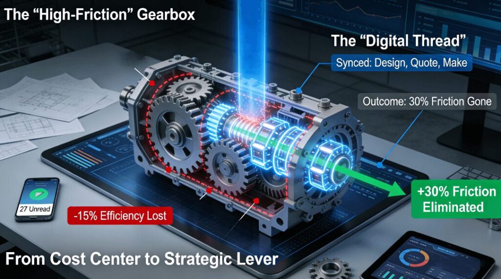 A 3D model of a clogged, inefficient “supply chain gearbox” with gears labeled Design, Quote, and Manufacture is transformed by a blue “digital thread” beam that dissolves red friction lines, enabling seamless, synchronized operation and a 30% efficiency gain, visualized on a command center screen.