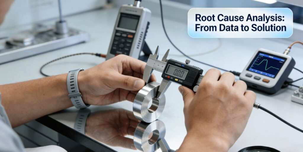 A quality engineer uses a digital micrometer to meticulously measure a thin-walled aluminum machined component in a lab setting, surrounded by diagnostic tools.