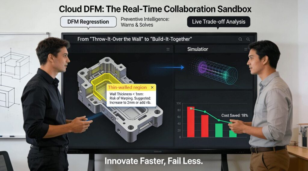 Two engineers collaborate at a large touchscreen displaying a 3D CAD model with a real-time manufacturability warning on a thin wall, alongside a live cost simulator that updates instantly when the design fix is applied, demonstrating preventive DFM and concurrent engineering.